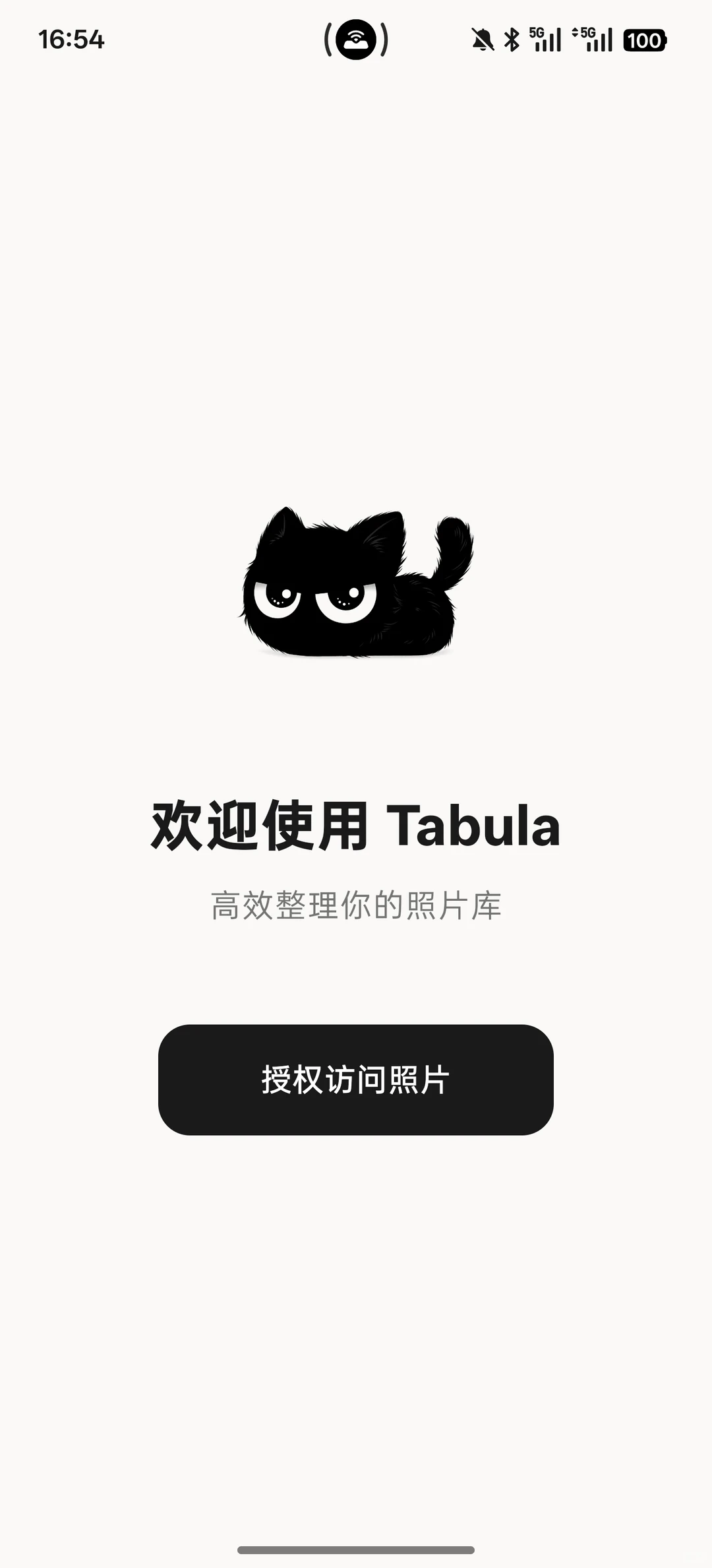 Tabula 欢迎页截图:黑色小猫 Logo 与「授权访问照片」按钮